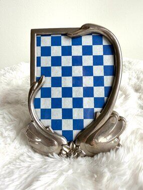RARE Vintage 1980s Silver Plated Swan Photo Frame – Metal Tabletop w Blue Velvet